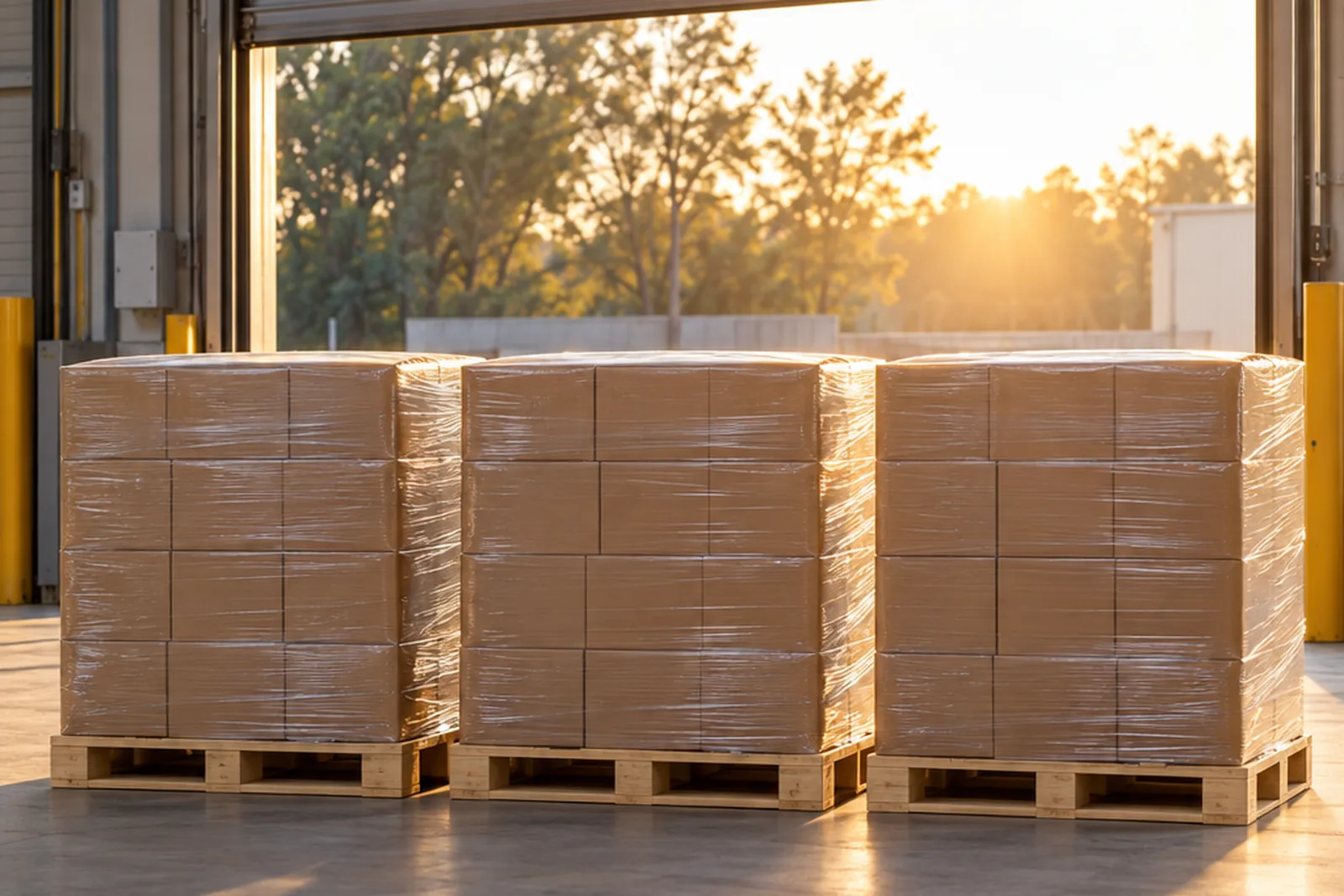 Fertig gepackte Paletten an der Laderampe, bereit zur Auslieferung