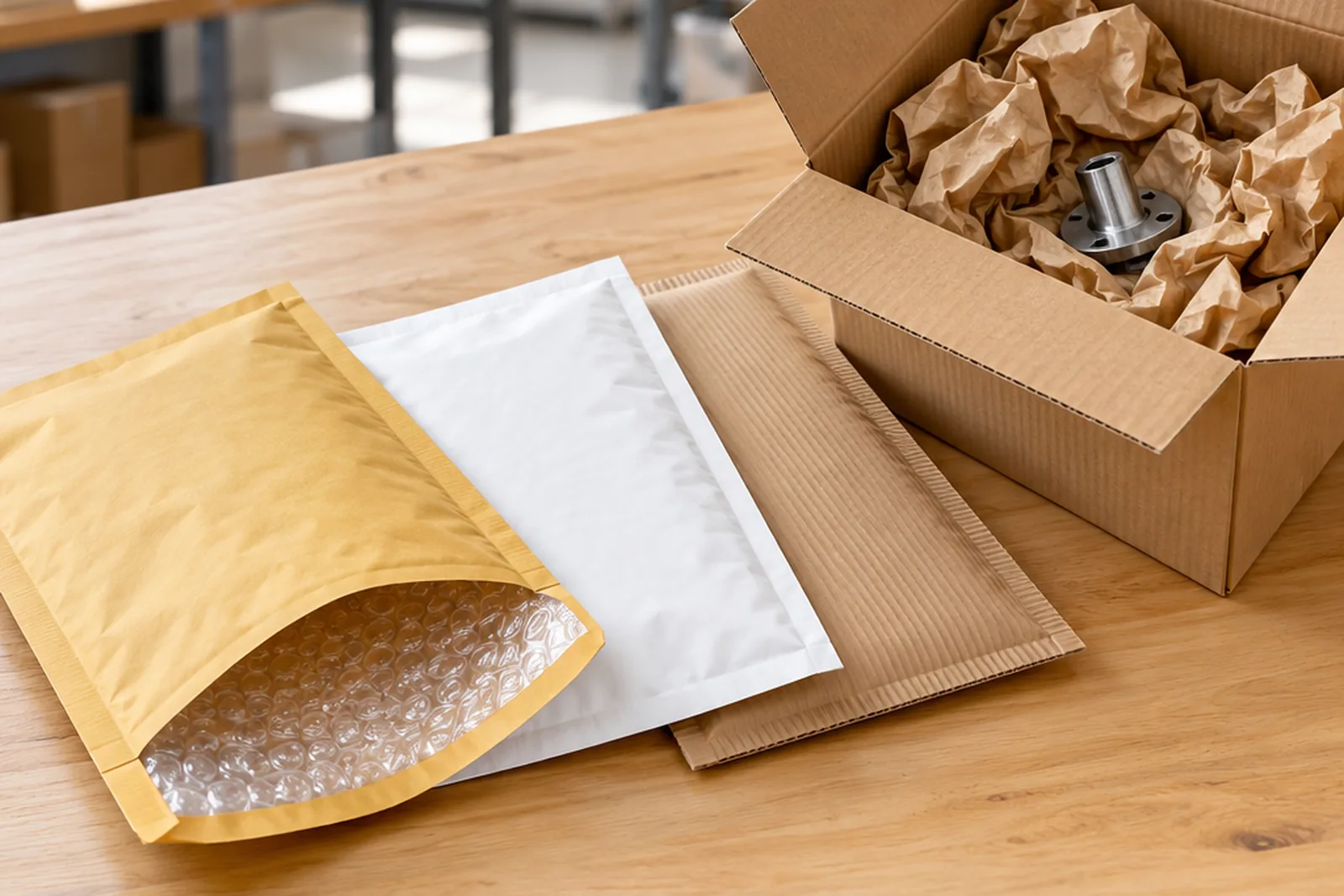 Gepolsterte Versandtaschen aus Kraftpapier neben einem kleinen Faltkarton auf einem Packtisch